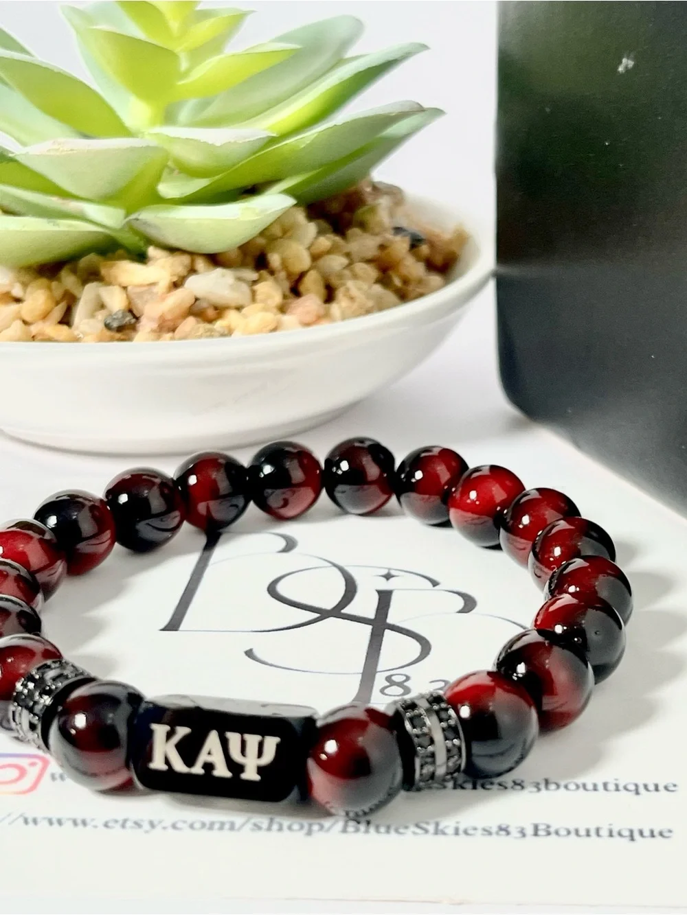 Red and Black Beaded Bracelet with Kappa Alpha Psi Greek Letter Charm